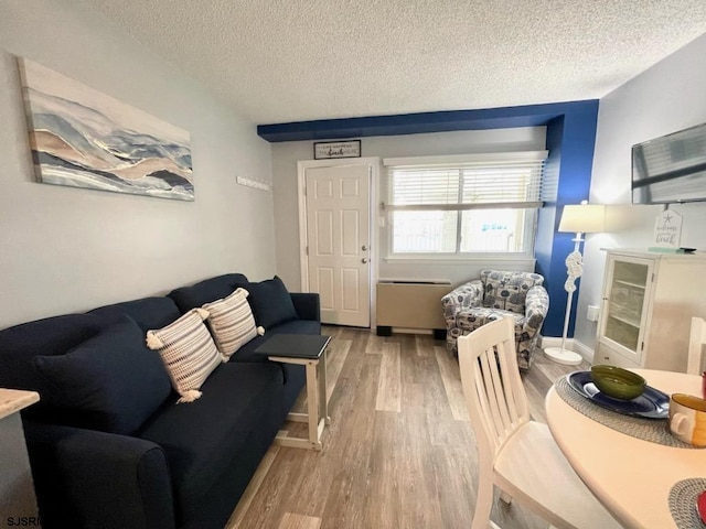 living room with a textured ceiling and light hardwood / wood-style flooring