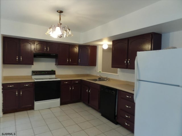 kitchen with sink, dishwasher, white refrigerator, a chandelier, and electric stove