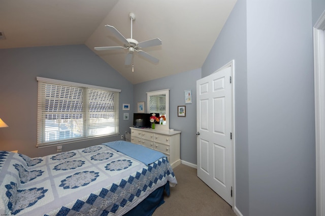 bedroom with light carpet, ceiling fan, and lofted ceiling