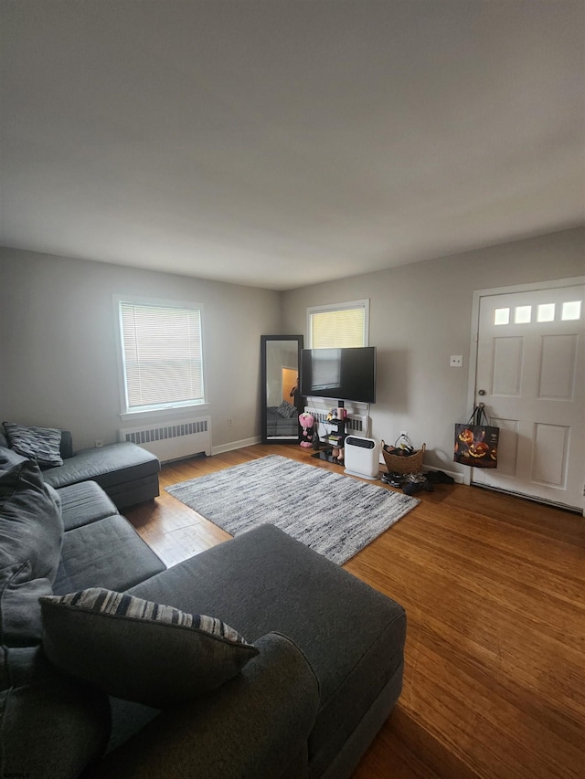 living room with light wood-type flooring and radiator heating unit