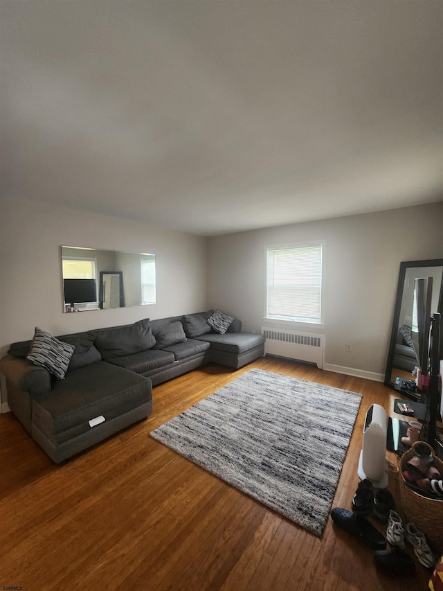 living room featuring radiator heating unit and hardwood / wood-style flooring