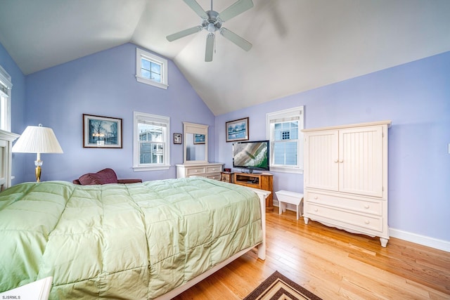 bedroom featuring lofted ceiling, light wood-type flooring, and ceiling fan