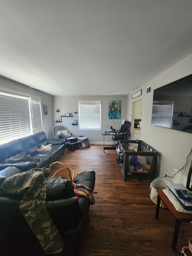 living room with dark hardwood / wood-style flooring