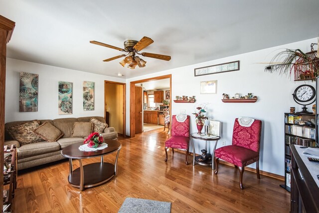 living room with ceiling fan and wood-type flooring