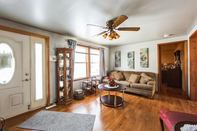 living room with ceiling fan and wood-type flooring