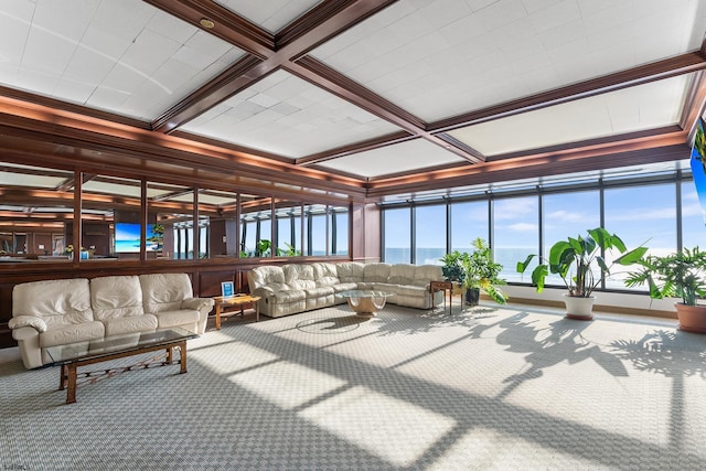 sunroom featuring beam ceiling and coffered ceiling