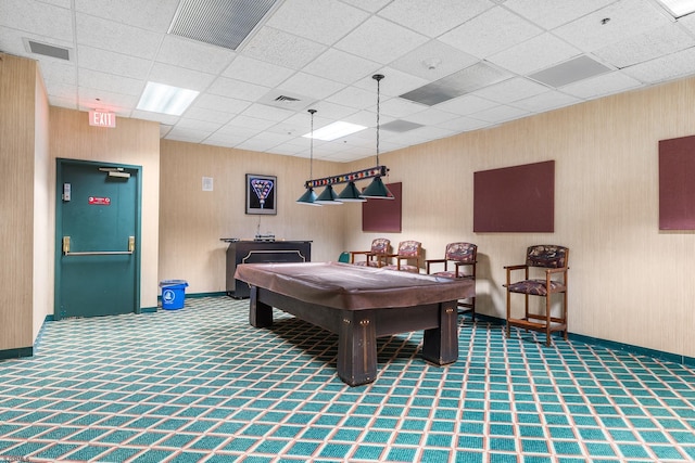 game room with pool table, carpet floors, and a drop ceiling