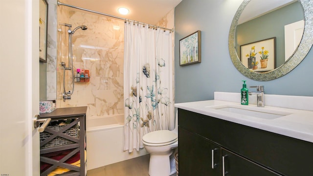 full bathroom with toilet, vanity, and shower / bathtub combination with curtain