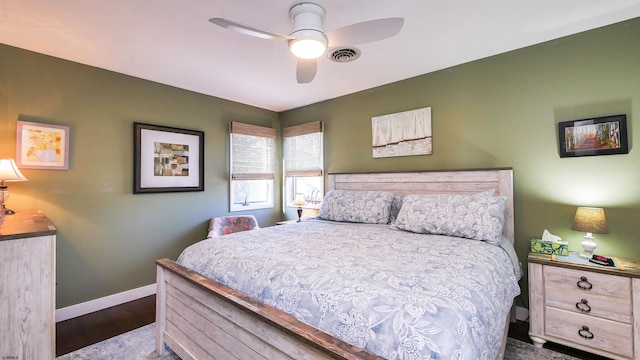 bedroom with light wood-type flooring and ceiling fan