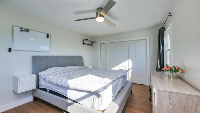 bedroom with dark hardwood / wood-style flooring, a closet, and ceiling fan