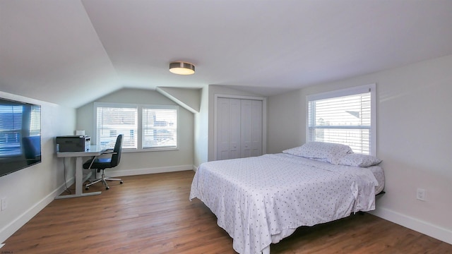 bedroom with hardwood / wood-style floors, a closet, and lofted ceiling