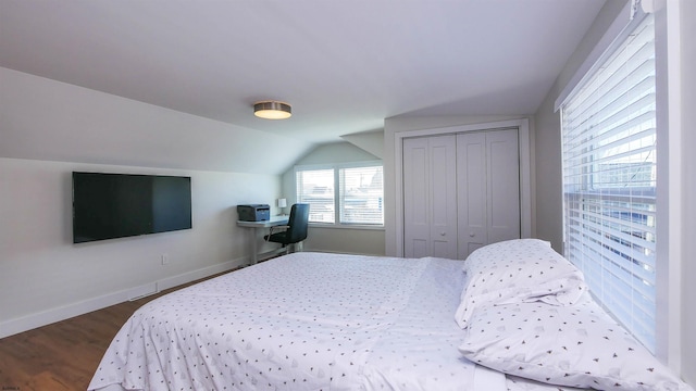 bedroom featuring vaulted ceiling, a closet, and dark hardwood / wood-style floors