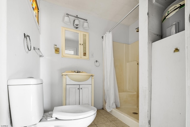 bathroom with a shower with curtain, toilet, tile patterned floors, and vanity