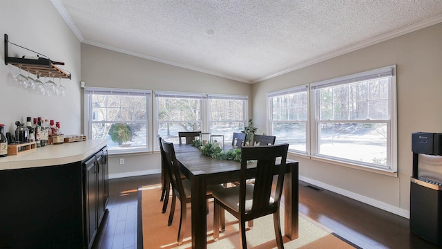 dining space featuring a textured ceiling, dark wood-type flooring, a healthy amount of sunlight, and lofted ceiling