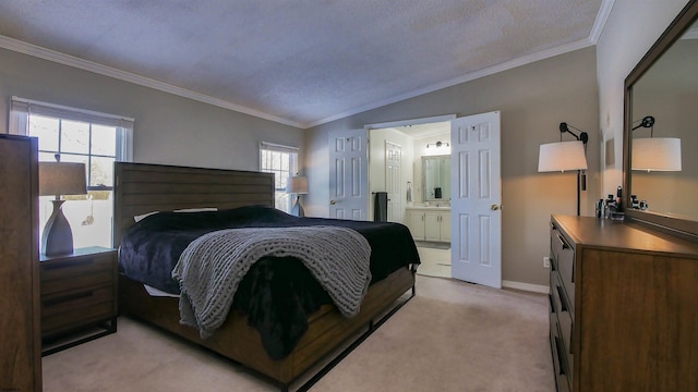 carpeted bedroom featuring a textured ceiling, vaulted ceiling, and multiple windows