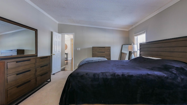 bedroom with a textured ceiling, ornamental molding, and light colored carpet