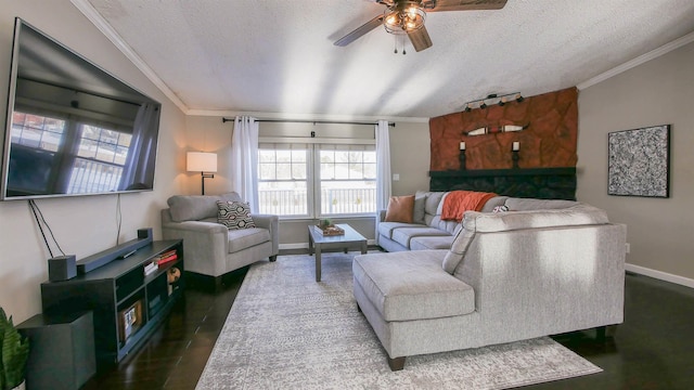 living room with a textured ceiling, ceiling fan, and crown molding