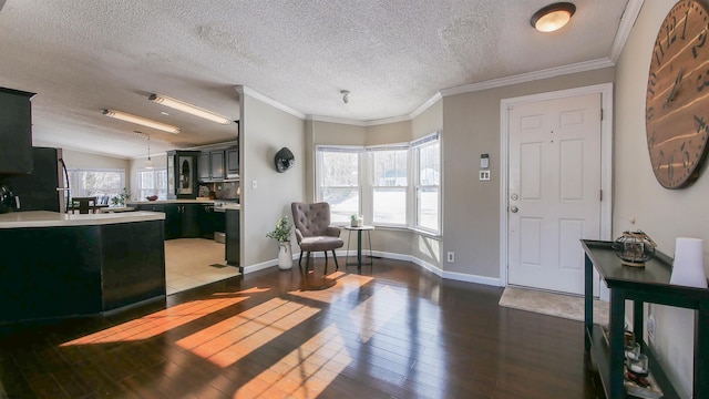 entryway with hardwood / wood-style flooring, a textured ceiling, ornamental molding, and plenty of natural light