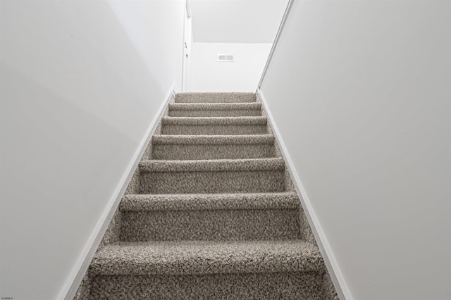 staircase featuring carpet