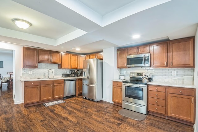 kitchen featuring sink, appliances with stainless steel finishes, a raised ceiling, decorative backsplash, and dark wood-type flooring