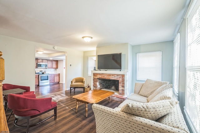 living room with dark hardwood / wood-style flooring, plenty of natural light, and a fireplace