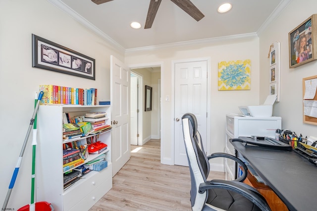 home office with ceiling fan, light hardwood / wood-style floors, and crown molding