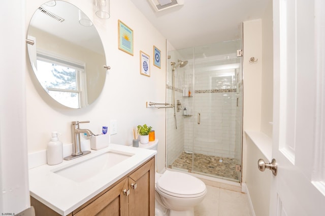 bathroom with a shower with door, tile patterned flooring, vanity, and toilet