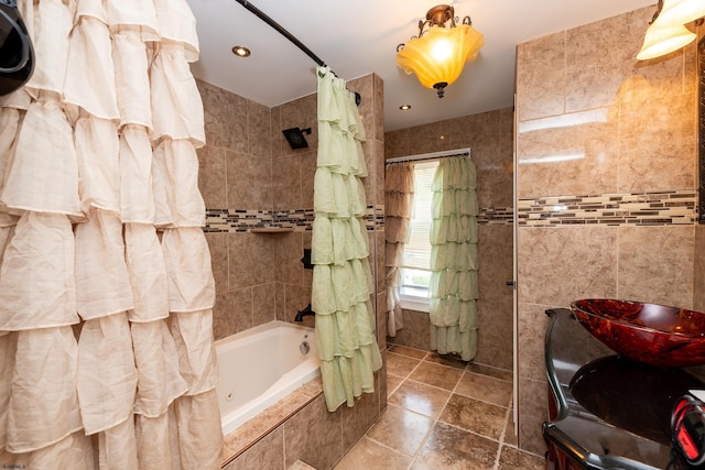 bathroom with tile walls, tile patterned flooring, and shower / bath combo