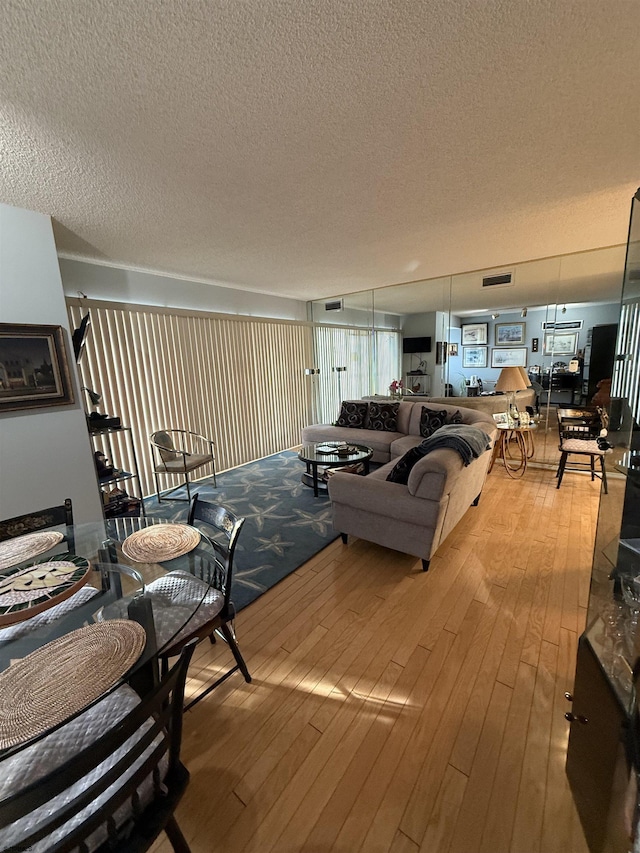 living room with a textured ceiling and hardwood / wood-style floors