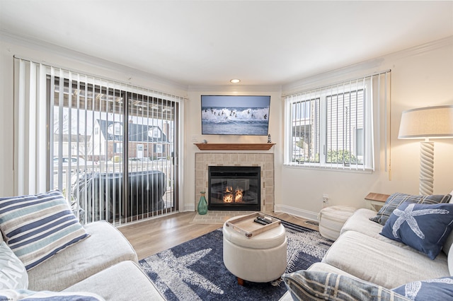 living room with a tile fireplace, hardwood / wood-style floors, and ornamental molding