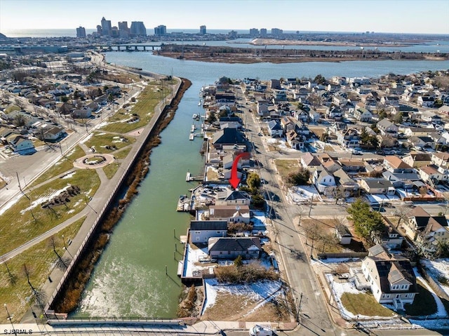 aerial view featuring a water view