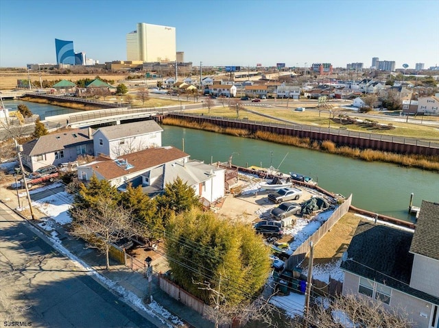 aerial view featuring a water view