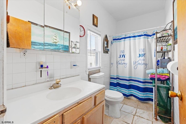 bathroom with toilet, decorative backsplash, a shower with curtain, tile walls, and vanity