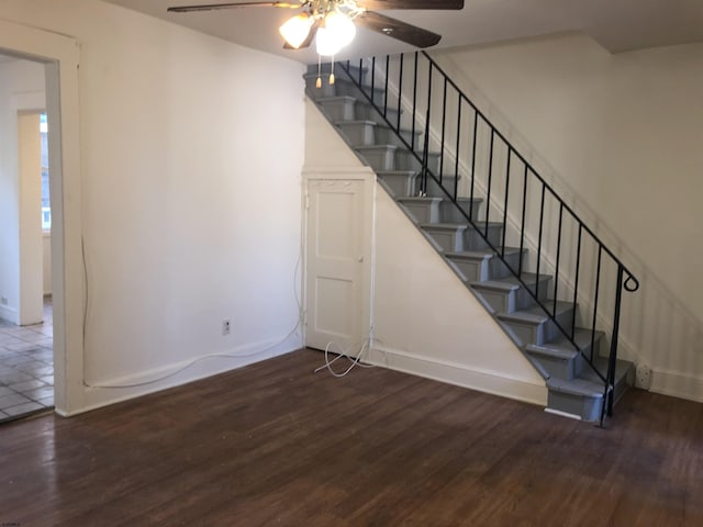 stairway with ceiling fan and hardwood / wood-style flooring