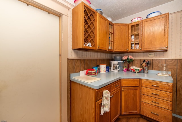 kitchen with a textured ceiling and wooden walls