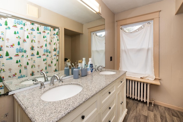 bathroom featuring hardwood / wood-style floors, radiator, and vanity