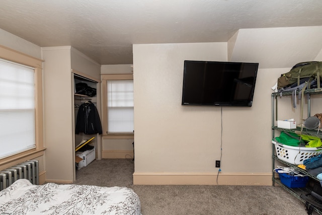 carpeted bedroom featuring radiator heating unit and a closet