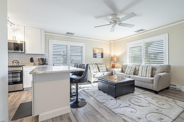 living room featuring ceiling fan, a wealth of natural light, and light hardwood / wood-style flooring