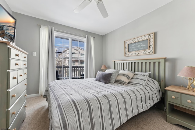 bedroom with ceiling fan, access to exterior, and dark colored carpet