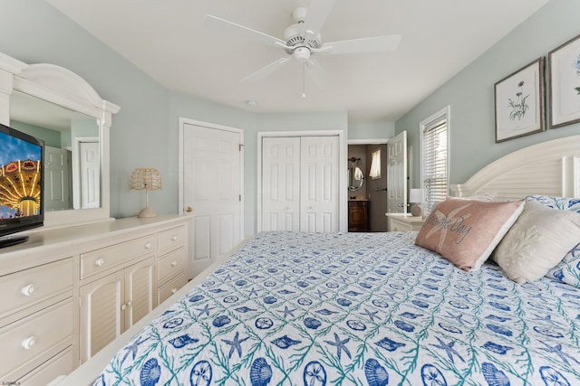 bedroom with ceiling fan and a closet