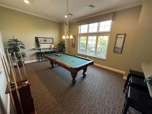 recreation room with dark carpet, billiards, and crown molding