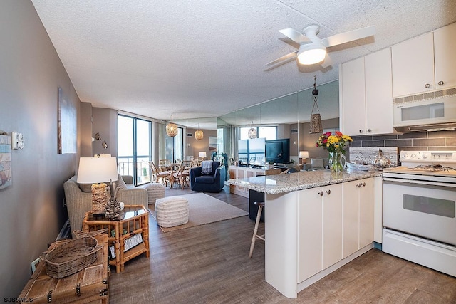 kitchen featuring white cabinetry, white appliances, decorative backsplash, and kitchen peninsula