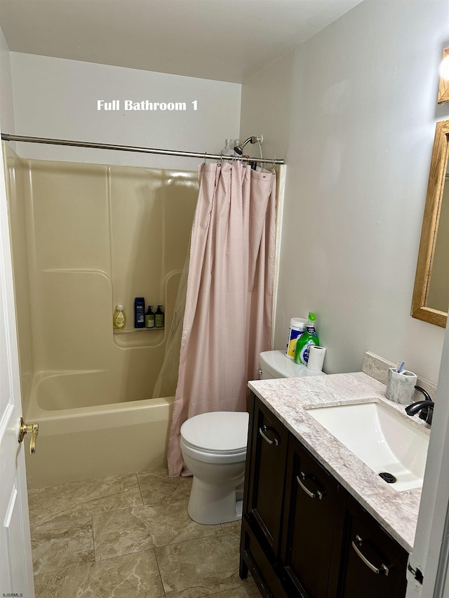 full bathroom with toilet, vanity, and shower / tub combo with curtain