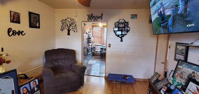 living area with ceiling fan and wood-type flooring