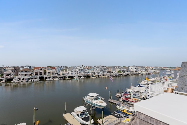 view of water feature with a dock