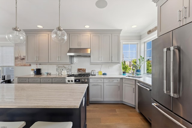 kitchen with gray cabinets, backsplash, high end appliances, pendant lighting, and sink