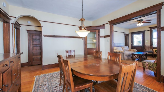 dining area with ceiling fan and light wood-type flooring