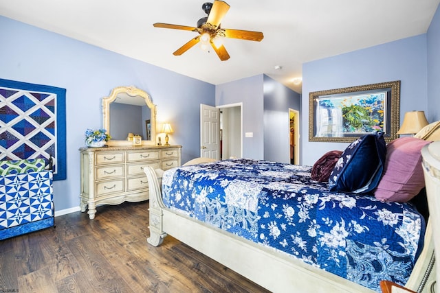 bedroom featuring dark wood-type flooring and ceiling fan