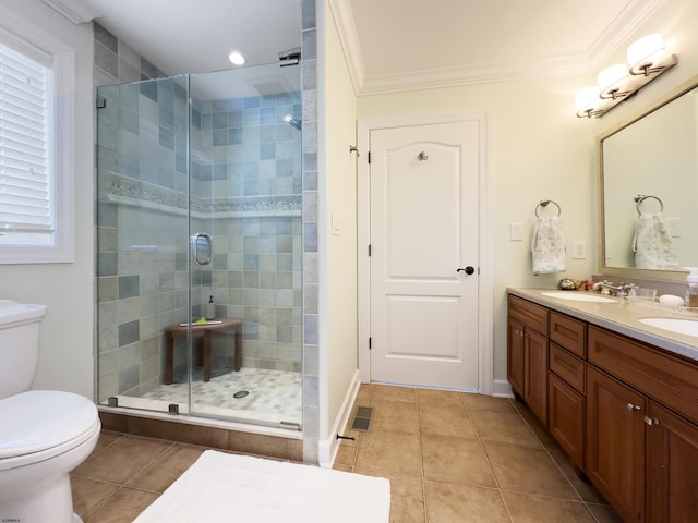 bathroom with an enclosed shower, tile patterned floors, vanity, toilet, and crown molding