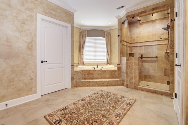 bathroom featuring independent shower and bath and ornamental molding